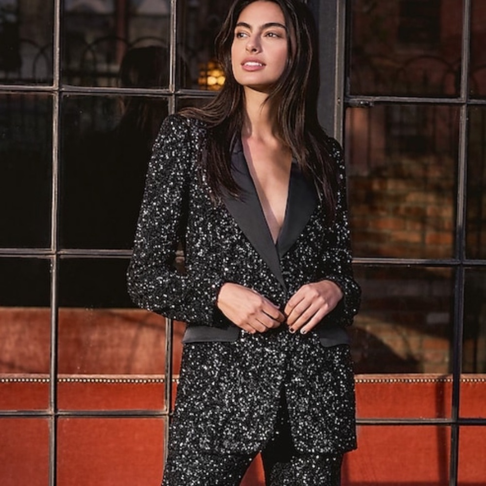 Express Black Sequin Bling Peak Lapel Boyfriend Tuxedo Blazer Jacket Satin Trim